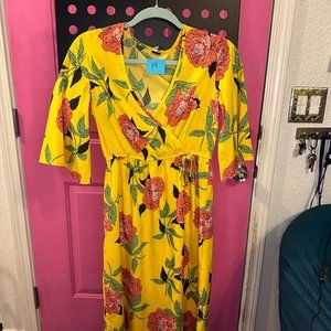 Mock tie dress, deep V-neck, yellow with pink lotus and green leaves, 3/4 calf l